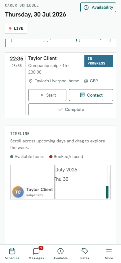 Carer agenda showing upcoming care visits