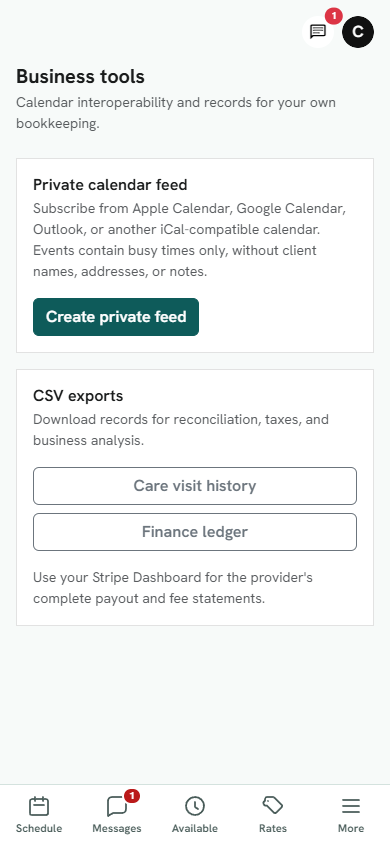 Carer business tools for a private calendar feed and CSV exports