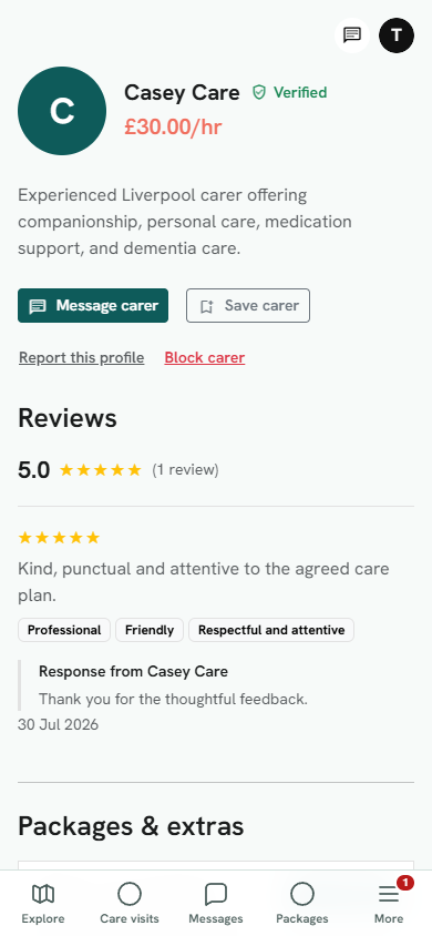 A verified carer profile with services and available times