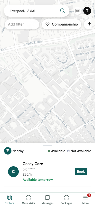 TheCareExchange map showing nearby carers and prices