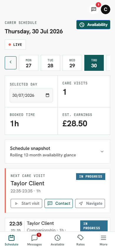TheCareExchange carer schedule showing bookings and daily earnings