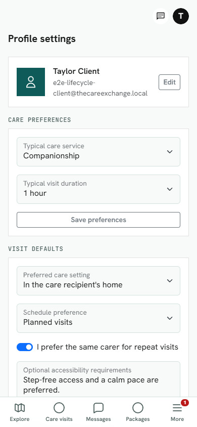 The Care Exchange client care and visit preferences